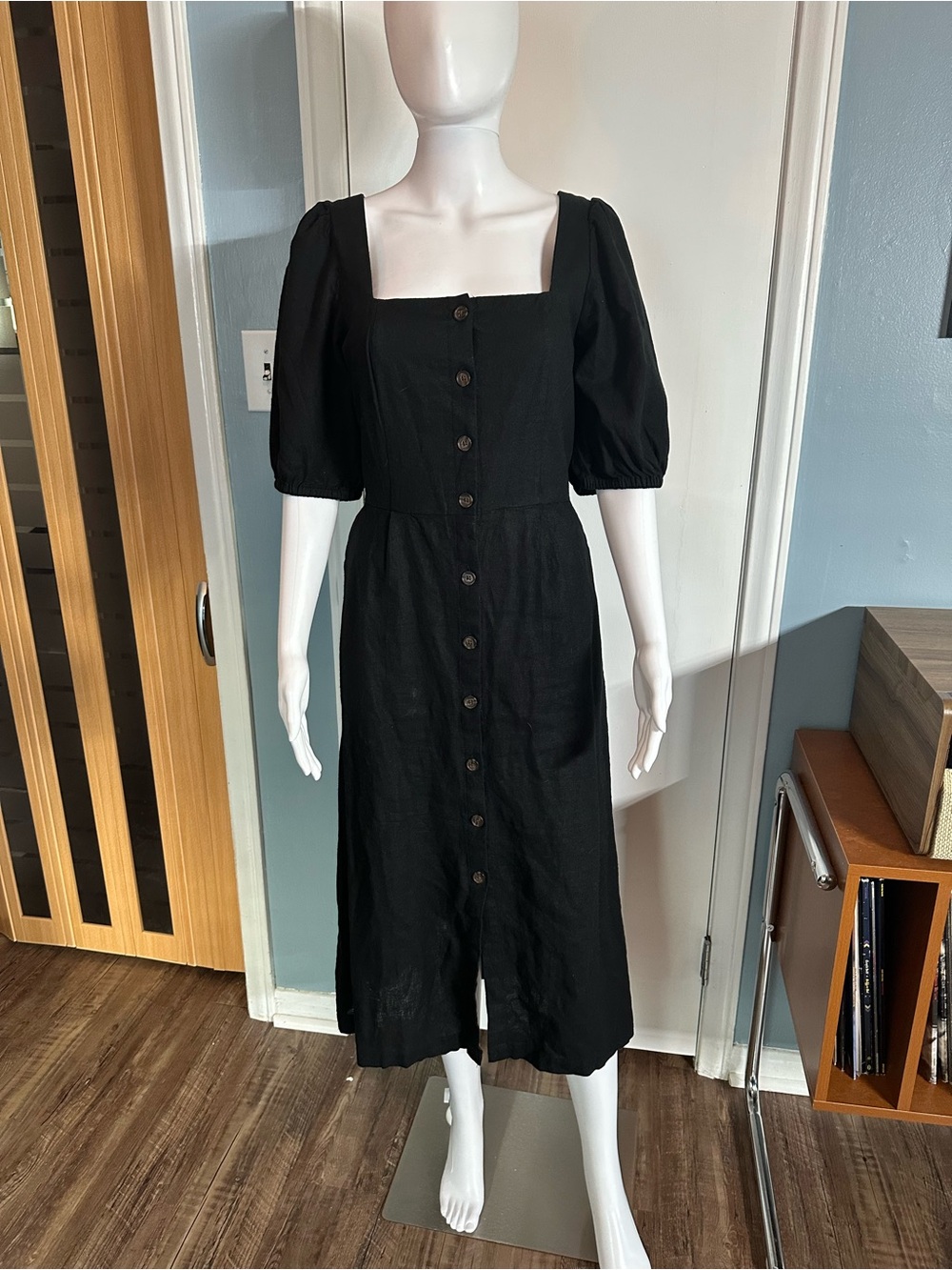 Black Linen Button-Front Square Neck Midi Dress